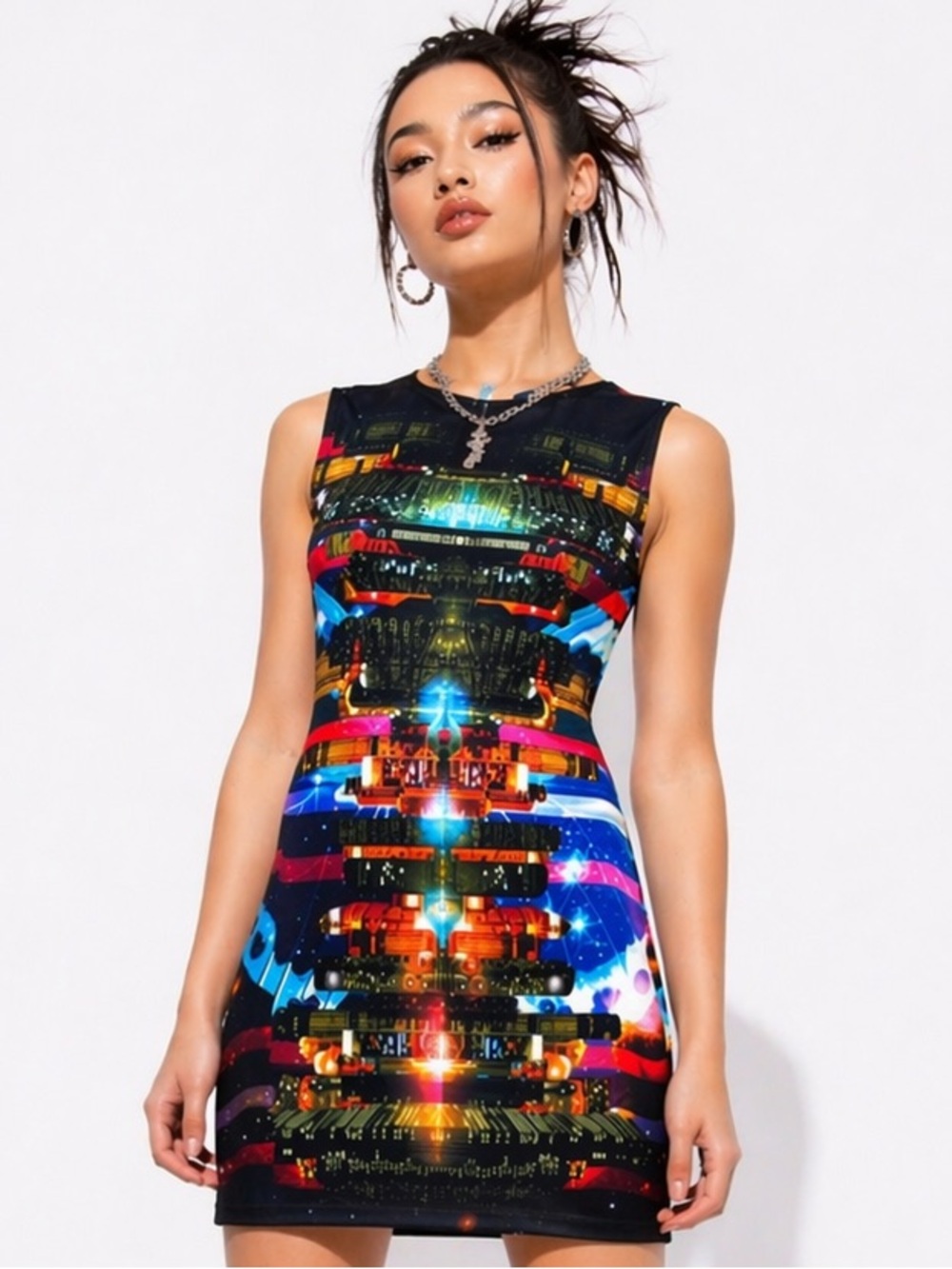 SCI FI brilliant colour abstract city night life party dress L mini sleeveless